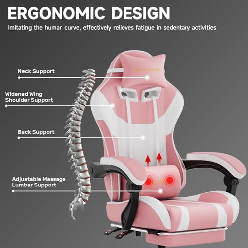 Ergonomic Gaming Chair,A Versatile 3-in-1 Video Game Chair for Work, Study, and Gaming,Features an Adjustable Backrest, Footrest, and Linked Armrests Office Chair for Adults,Pinkwhite