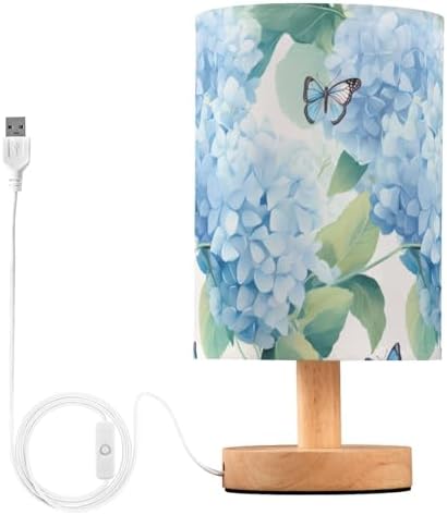 ALAZA Blue Hydrangea Flower Butterfly Floral Decor Bedside Table Lamp with USB Port for Bedroom Nightstand Office Desk LED Bulb Included