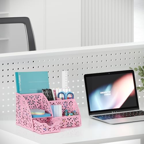 EasyPAG Desk Organizer and Pen Holder for Desk, Mesh Office Supplies Storage Caddy with Drawer for Small Space, Desktop Organizer for Home Office, Pink