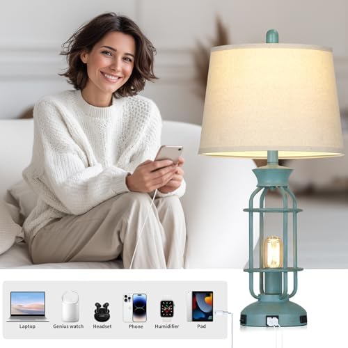 28" Tall Farmhouse Table lamps for Living Room, Vintage Industrial Table Lamp with USB C+A Ports & Outlet, Rustic Bedside Lamps with 2 Nightlight & Linen Fabric Shade for Nightstand Bedrooms Desk Blue