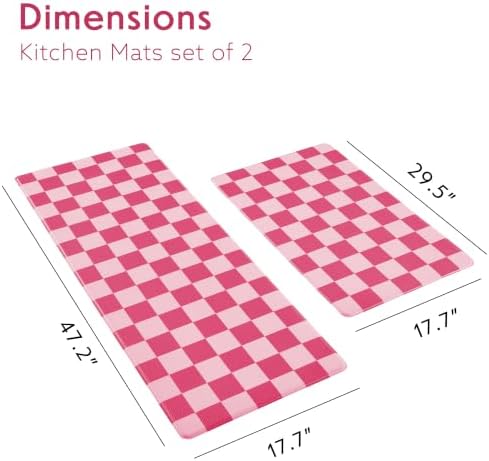 Ohocut Pink Coral Checkered Kitchen Mats for Floor Set of 2, 2 Pcs Cushioned Non Slip Runner Rugs for Kitchen/Sink/Laundry, Comfort Aesthetic Cute Anti-Fatigue Foam Floor Mat 17.3"x29.5"+17.3"x47.2"