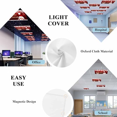 Santa Claus Red Magnetic Fluorescent Light Covers for Ceiling Lights 2 x 4 Feet,Christmas Cute Deer Pine Tree Ball Office Classroom Kitchen Drop Ceiling Light Covers Filters Shade Panel 4 Packs
