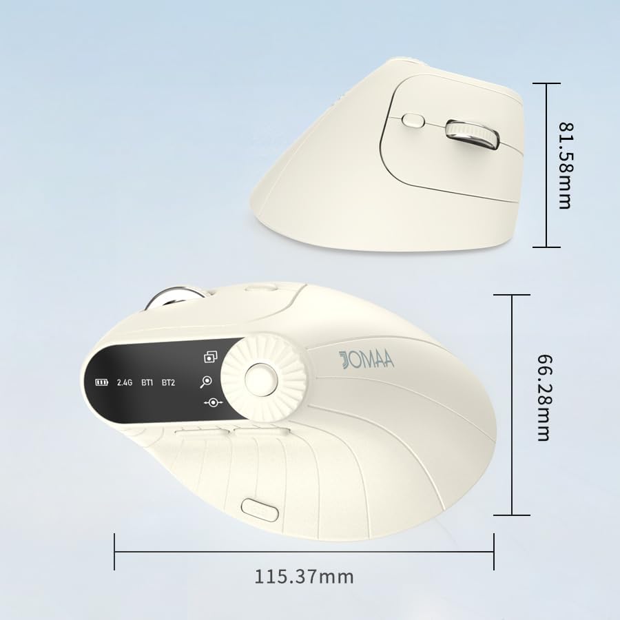 JOMAA Wireless 2.4G & Dual Bluetooth Three-Channel Ergonomic Vertical Mouse Adjustable DPI, Multi-Function Turntable for PC, Laptop, MacBook, Rechargeable (Beiga)