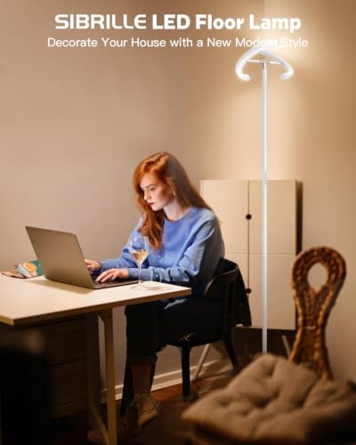 SIBRILLE White Floor Lamp, Modern Stepless Dimmable Standing Lamp 3000-6000K, 20W LED Rotatable Reading Tall Lamp, Touch & Remote Control Uplighter Floor Lamps for Living Room Bedroom Office