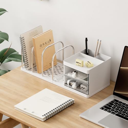 Desk Organizer with Bookends, Desktop Storage Box with 2 Drawers (White)
