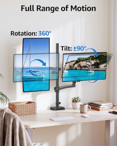 Vertical Dual Monitor Mount Fit up to 32", Stacked Monitor Stand for 2 Computer Screens, Gas Spring Full Motion Adjustable Tall Display Desk Mount, Each Arm Holds up to 17.6lbs, VESA Mount