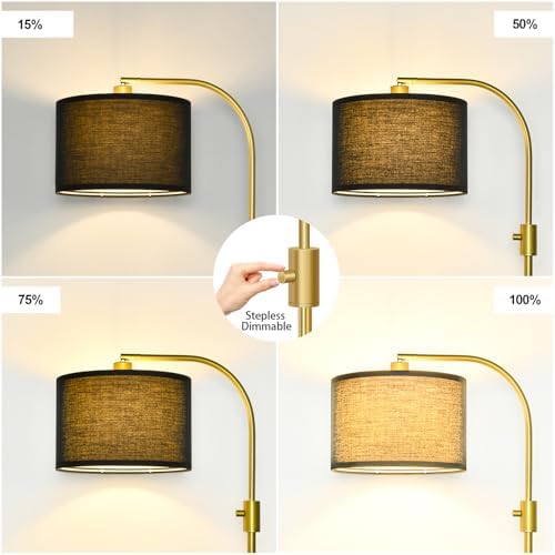 Nintiue Upgraded Modern Arc Dimmable Tall Standing Floor Lamp with Black Shade, 1200 Lumens LED Bulb Included, for Living & Reading Room, Bedroom, Office & Nursery, Gold