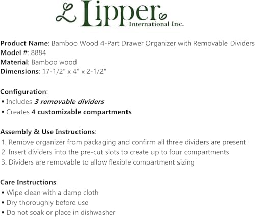 Lipper International Bamboo Drawer Organizer with 3 Removable Dividers, Brown