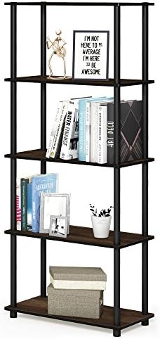 Furinno TURN-N-TUBE Storage Shelves, 5-Tier Book Shelf, Corner Shelf, Toolless Open Shelves, for Organization and Storage, Living Room, Garage, Home Office, Columbia Walnut