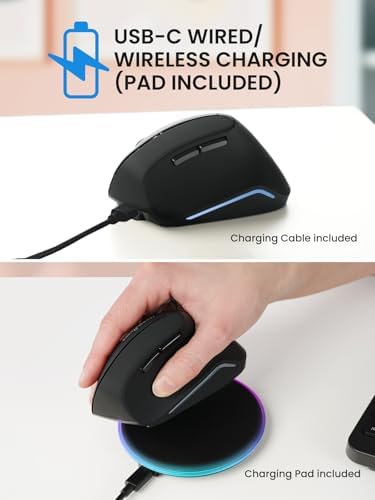 Perixx PERIMICE-715RX Coreless Rechargeable Vertical Mouse - Duo Wired and Wireless Charging Feature - Charger Included - Right-Handed - Black