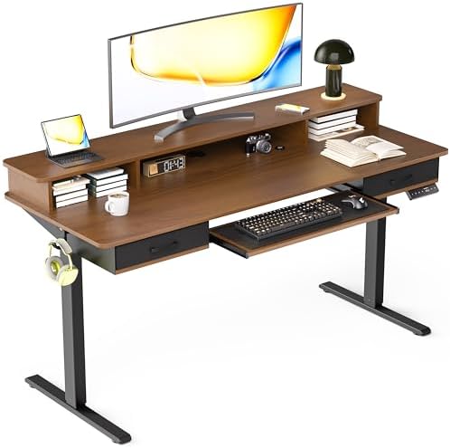 Electric Standing Desk with Keyboard Tray, 63x24 Inches Height Adjustable Stand up Desk with 2 Drawers, Ergonomic Sit to Stand Table with Storage Monitor Stand, Black Walnut