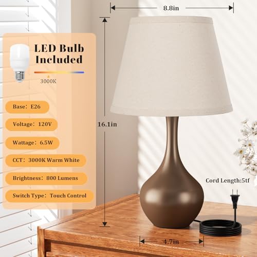 16.1" Touch Table Lamp for Nightstand, 3 Way Dimmable Small Bedroom Lamp