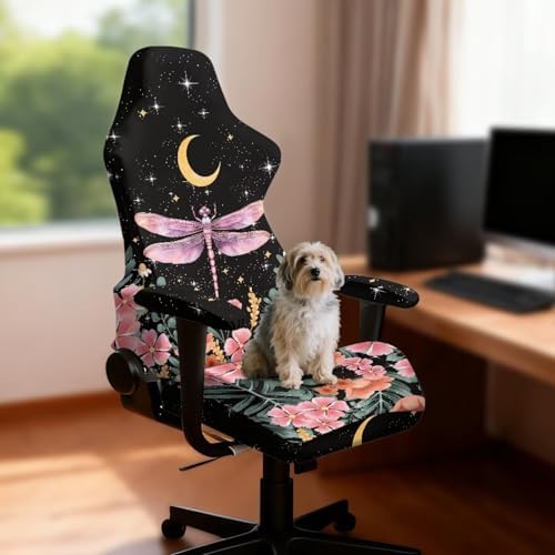 Dragonfly Floral Moon Print Gaming Chair Cover with Armrest Covers Stretchable Stain Resistant Furniture Protector Soft Reclining Racing Gaming Chair