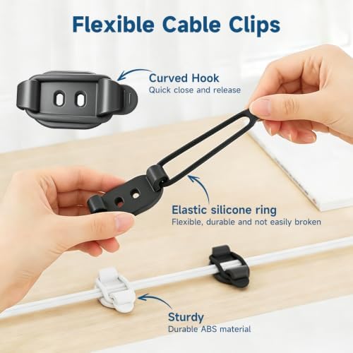 Adjustable Cable Management Clips, Self Adhesive Cord Organizer with Elastic Loop, Reusable Cable Holder for Desk, Under Desk, Wall, TV, Office, Home, Charging Cables, USB, HDMI, PC Wires (10, White)