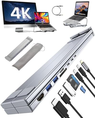 USB C Laptop Stand with Docking Station,8 in 1 Hub Laptop Stand Foldable Computer Riser with 4K HDMIPD 100W Dual Data Ports Multiport Adapter for Notebook Tablet,Portable Height Adjustable Holder