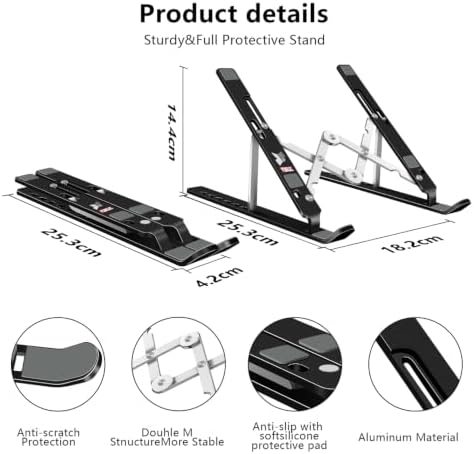 Laptop Stand, Computer Tablet Stand, Adjustable Aluminum Foldable Portable Laptop Holder Riser, Compatible with MacBook Air Pro, Lenovo, HP, Dell, More 10-15.6” Laptops and Tablets (Black)