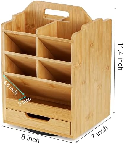 SOUJOY Bamboo Pen Holder Organizer, 360°Rotating Art Supply Storage Caddy, Hold 400+ Pencils, 15 compartments Office Desk Stand Box with Handle for Marker Pens, Colored Pencil, Art Brushes