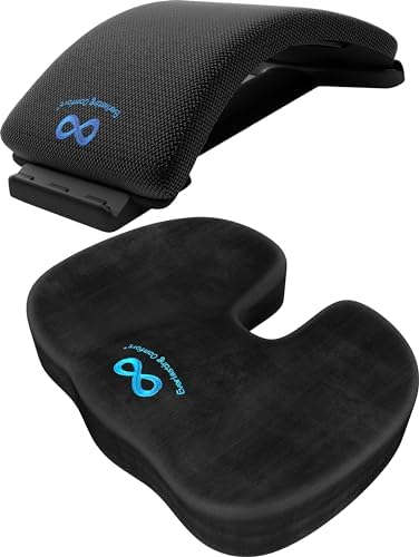 Everlasting Comfort Back Stretcher for Lower Back Pain & Memory Foam Seat Cushion Bundle - Adjustable Back Stretching Device for Spine Decompression - Office Chair Cushion Enhances Posture, Support