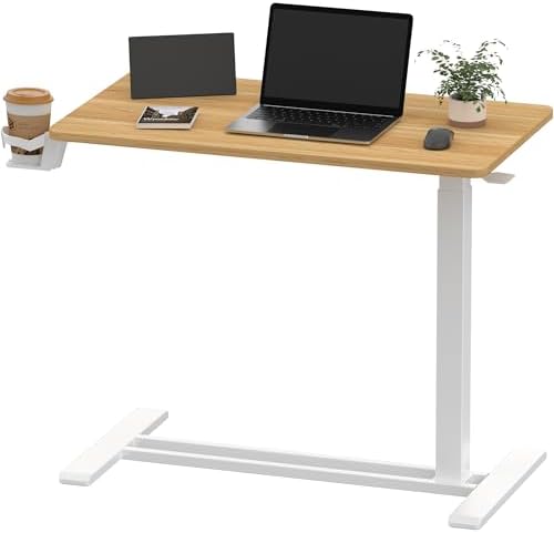SANODESK 32''Pneumatic Adjustable Overbed Bedside Table with Hidden Casters