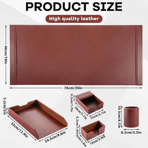 5 Pcs Bonded Leather Desk Organizer Accessories Set 30 x 18 Inch Leather Desk Mat Protector Sticky Note Holder File Paper Tray Pen Cup Business Card Holder Workspace Decor for Women Men