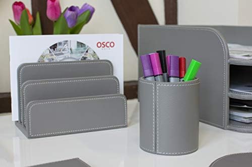 OSCO Faux Leather Mail Sorter & Envelope Organiser – Desk File Storage Stand with Display Slots – Modern Letter Holder Tray Minimalist Home & Office – Grey