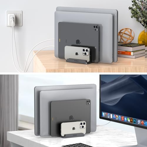 YICOSUN 4-Slot Aluminum Vertical Laptop Stand for Desk - Adjustable Width Dock for MacBook, Surface, Samsung, HP, Dell up to 17.3 inches - Space-Saving & Protective Design - Gray