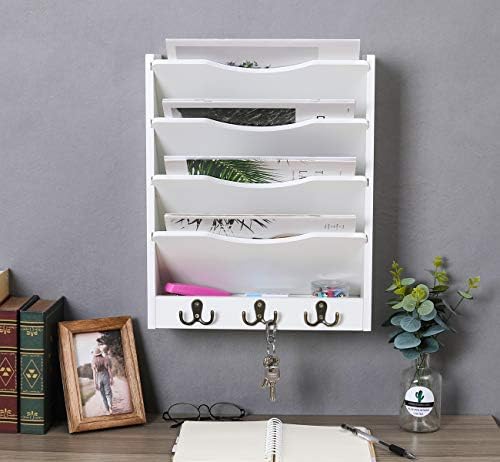 PAG-Mass 5-Tier Wall File Holder Hanging Mail Organizer Wood Magazine Literature Rack with 6 Hooks, White
