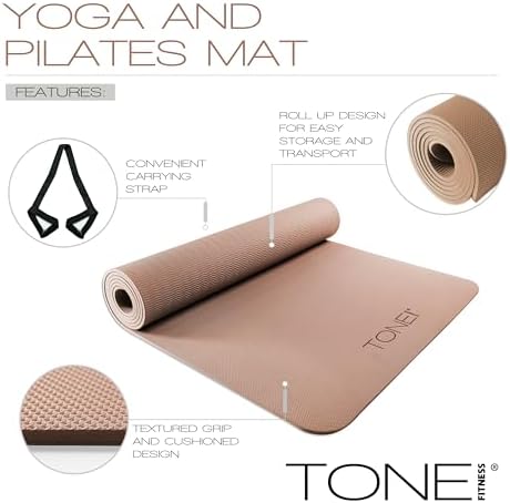 TONE Fitness 1/4" Yoga Mat, Non-Slip Exercise & Pilates Mat with Strap