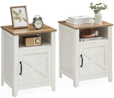 VASAGLE Farmhouse Nightstand with Barn Door, Bedside Table, Set of 2