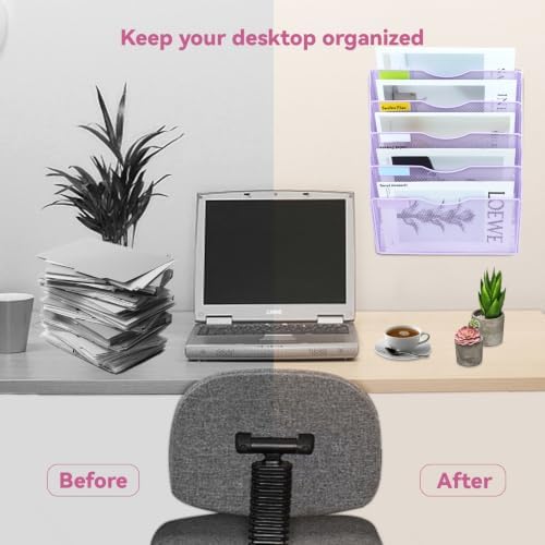 5 Pockets Mesh Wall File Holder Organizer Office Hanging File Folder Magazine Rack, Nametag Label Hooks Set Included (Purple)