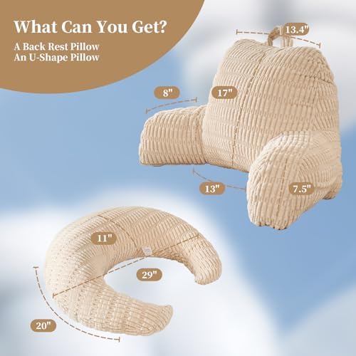 19" Reading Pillow for Bed,U Shaped Arm & Elbow Support,White Corduroy