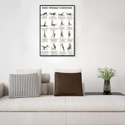Knee-Friendly Low Impact Workout Poster, 16 Illustrated Joint-Safe Leg & Core Training Chart, Chair Supported Gentle Exercise Reference for Sensitive Knee Rehabilitation & Senior Home Fitness(8x12inchs，Black Framed)