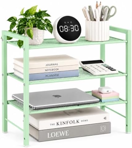 Adjustable Desktop Bookshelf, Metal Desk Shelf Organizer, Sage Green