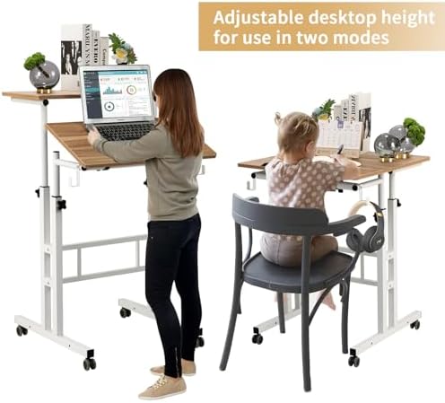 SIDUCAL Small Standing Desk, Portable Stand Up Desk, Height Adjustable Mobile Standing Table Converter with Wheels Computer Workstations, Rolling Laptop Cart for Stand or Sit, Vintage Oak