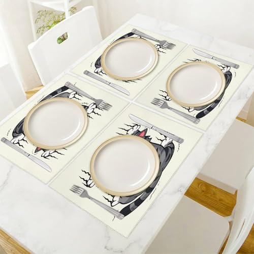 Cute Cat Stretching with Claws Out Washable Placemats Set of 4, Durable Heat Resistant Table Mats 17.7 X 11.8 Inch for Dining Table Kitchen Decor Indoor Use