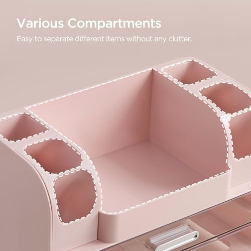 HBlife Makeup Organizer for Vanity with Brush Holder, Large Bathroom Countertop Cosmetic Organizer Skin Care Storage, Easy to Store Lipsticks, Nail Polishes, Perfumes, Eyeshadow Palettes, Pink