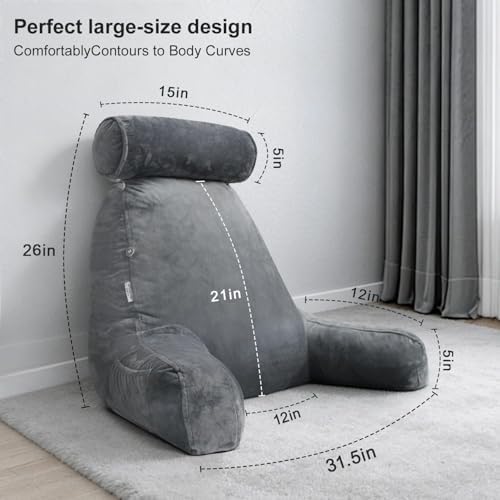 26" Reading Pillow for Sitting Up in Bed, Backrest with Arms