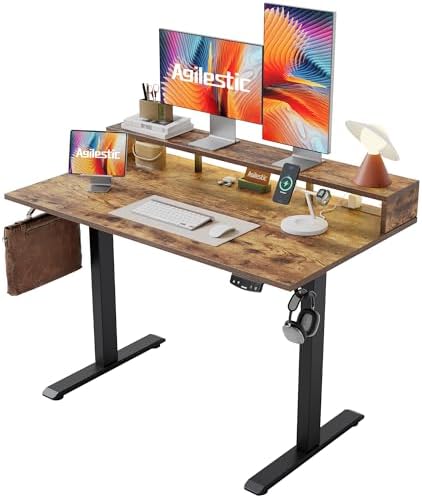 Agilestic 48*24 Inch Electric Standing Desk with Shelf & Led, Rustic Brown