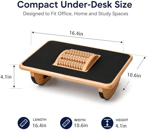 Foldable Under Desk Foot Rest, Wooden Rocking Footrest with 4 Massage Rollers, Natural Rubber Wood Ergonomic Foot Stool with Silicone Anti-Slip Surface, Office Home Study Footrest for Post