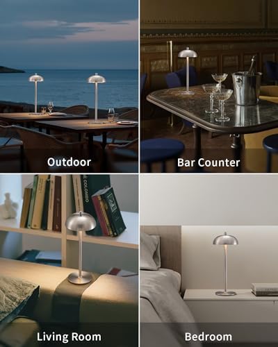 12" Cordless Table Lamps Set of 2, Nickel Modern Portable Desk Lamp