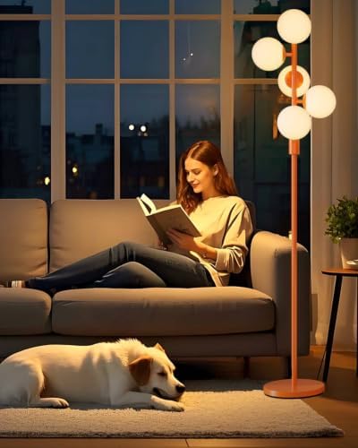 64IN Dimmable Orange Floor Lamp, Tall Standing Lamps with 5 Globe Soft Warm White Eye Care 3000K G9 Bulbs, Mid Century Modern Floor Lamp with 5Lbs Heavy Base for Living Room Bedroom Office