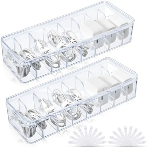 Tatuo Cord Organizer Box with Lid, Clear, 2 Pack