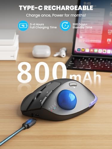 Wireless Trackball Mouse, Adjustable Angle, Rechargeable, Backlit-Blue Ball