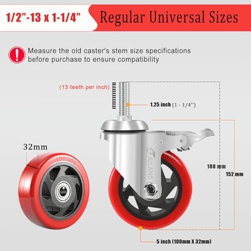 5 inch Caster Wheels 1/2" Threaded Stem Casters Set of 4 Heavy Duty
