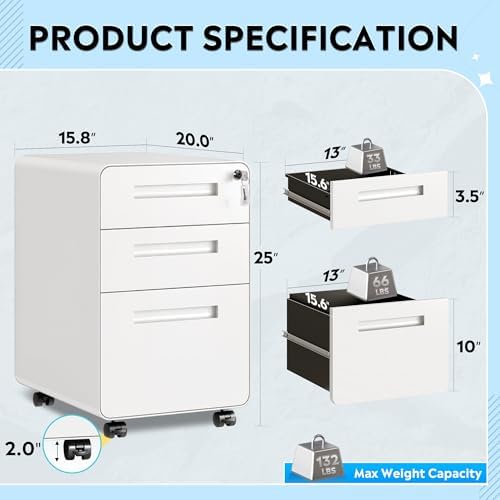 DEVAISE 3 Drawer File Cabinet with Lock, Fully Assembled Filing Cabinet