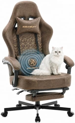 Desk Computer Gaming Chair - Ergonomic Game Office Chair with Extended Footrest and Massage Lumbar Support, Home Gamer Video Game Chairs with Spring Cushion for Adults (Pro Brown Leather)