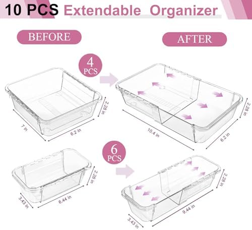 10 Pcs Extendable Clear Drawer Organizer, All Adjustable Vanity Storage Box, 2-Size Desk Drawer Organizer, Durable Storage Bins for Makeup, Cosmetic, Bedroom Dressers Tool Organizer for Gadgets