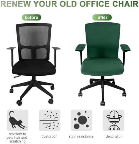 Tallew 4 Pcs Office Chair Covers Set Computer Universal Protective Stretchable Chair Seat Covers Desk Armrest Cover Slipcovers Pads Office Cushion Backrest for Rotating(Regular,Dark Green)