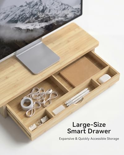 23” Monitor Stand with Large Drawer Keyboard Storage,Bamboo