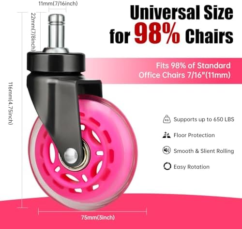 Hirate 5 Pack 3" Office Chair Caster Swivel Wheels for Standard 11mm Chairs